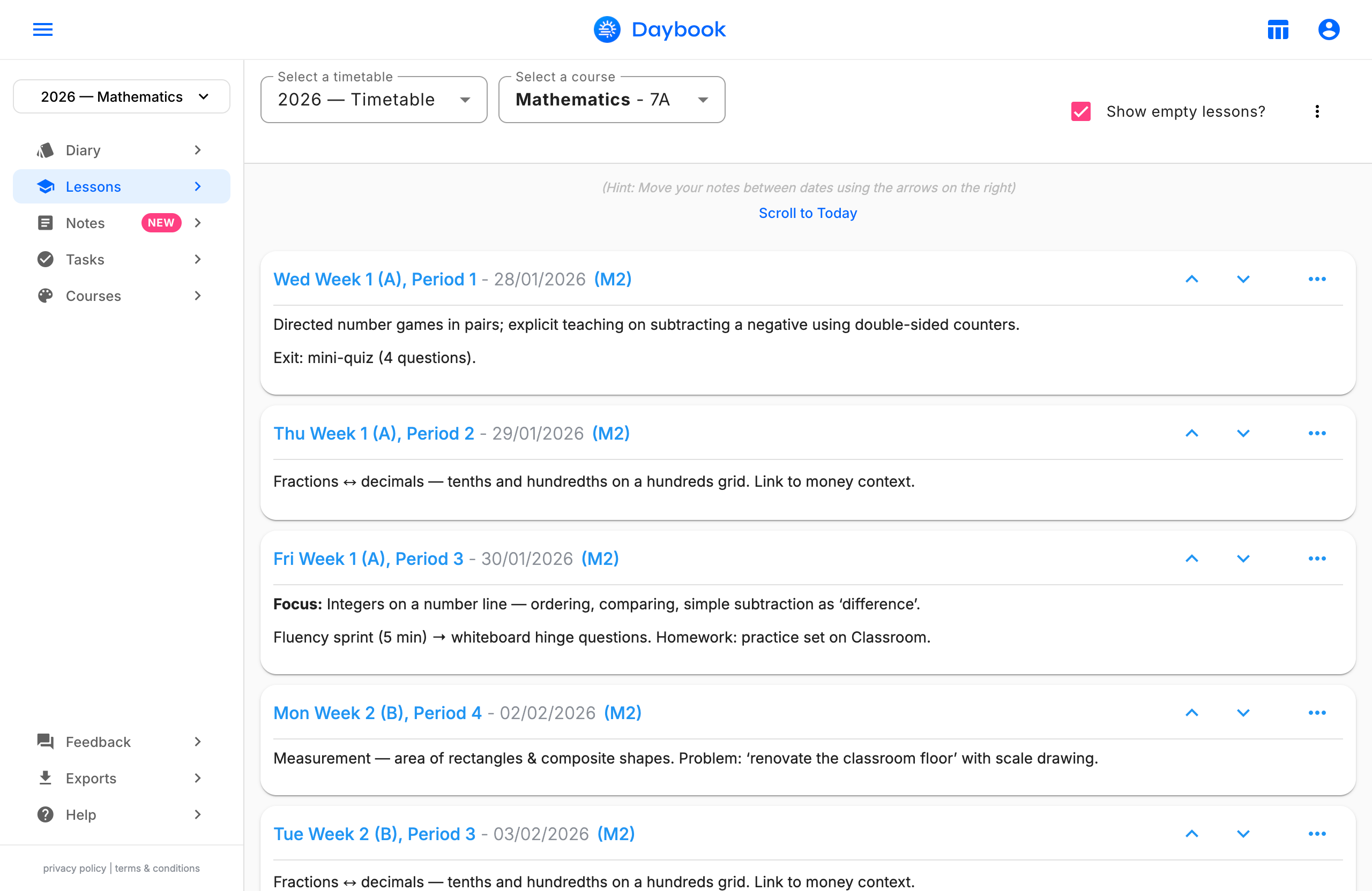 Daybook lesson notes listed by teaching week