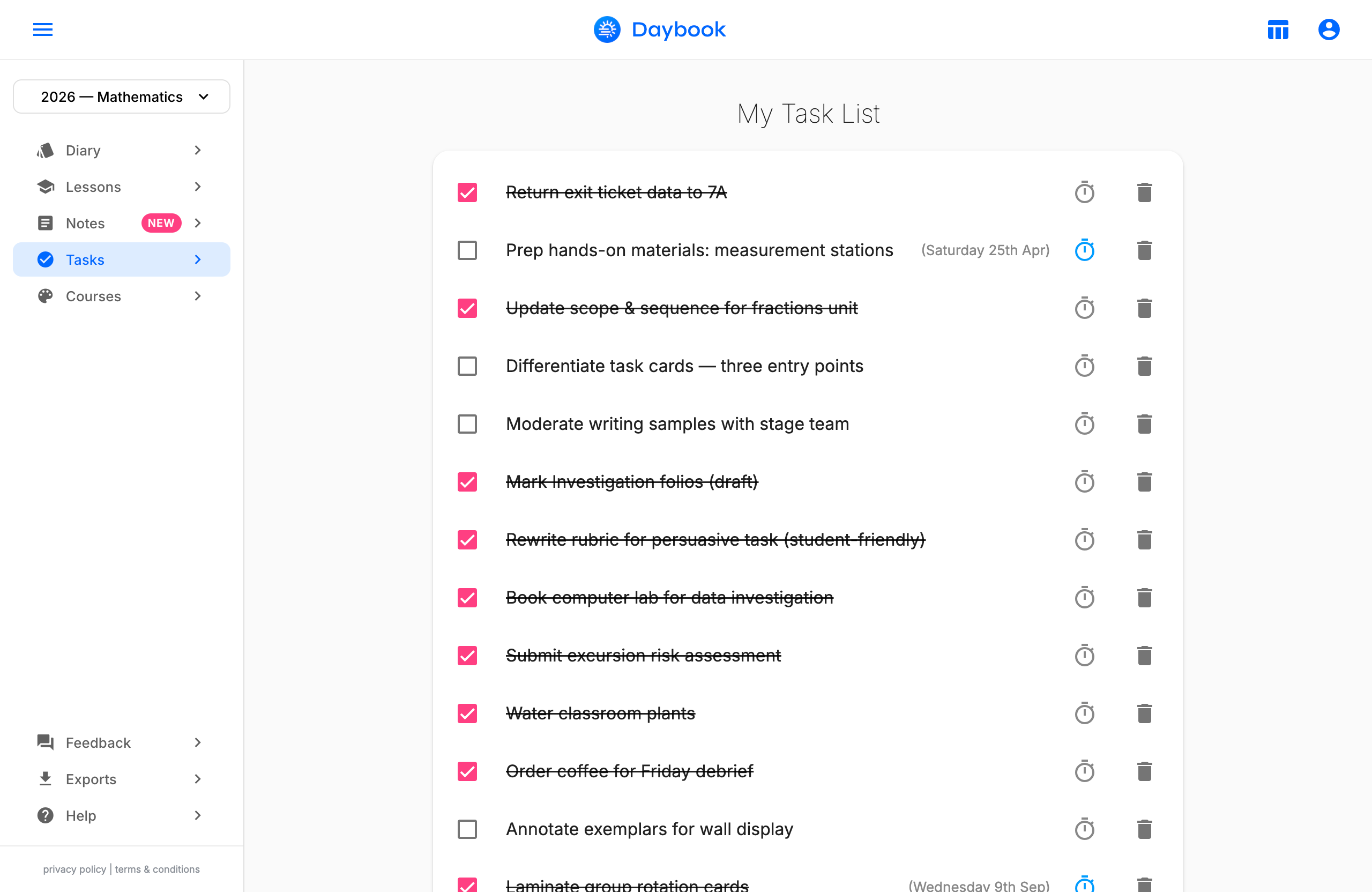 Daybook task list with completed and pending items